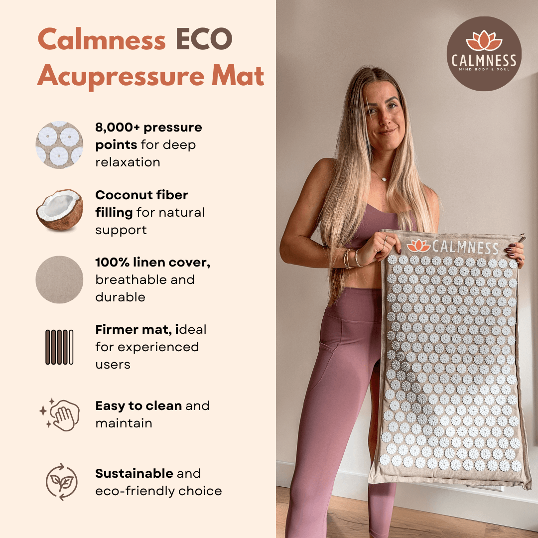 Specifications of the Calmness Eco Acupressure Mat – dimensions, materials, sustainable, linen, and coconut fiber