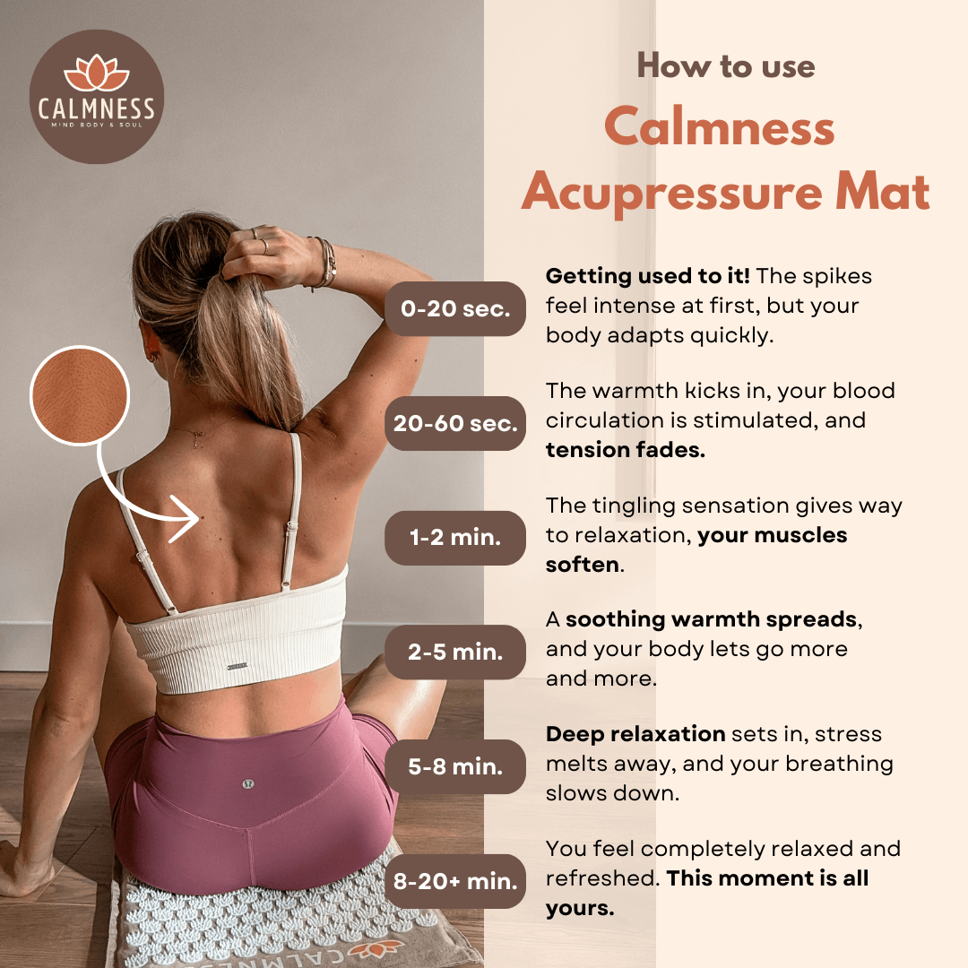 How does a Calmness Acupressure Mat work? Timeline with steps: initial sensation, warmth, relaxation, and pain relief