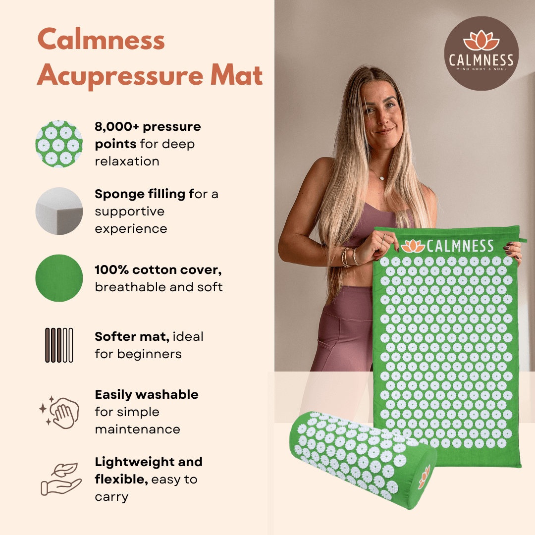 Specifications of the Calmness Acupressure Mat Green – dimensions, materials, washable, and lightweight